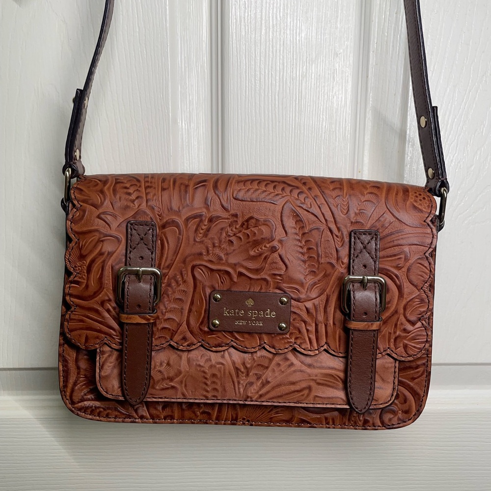 { Kate Spade Mini Messenger } Embossed Brown Santa Rosalia Scout Leather Bag